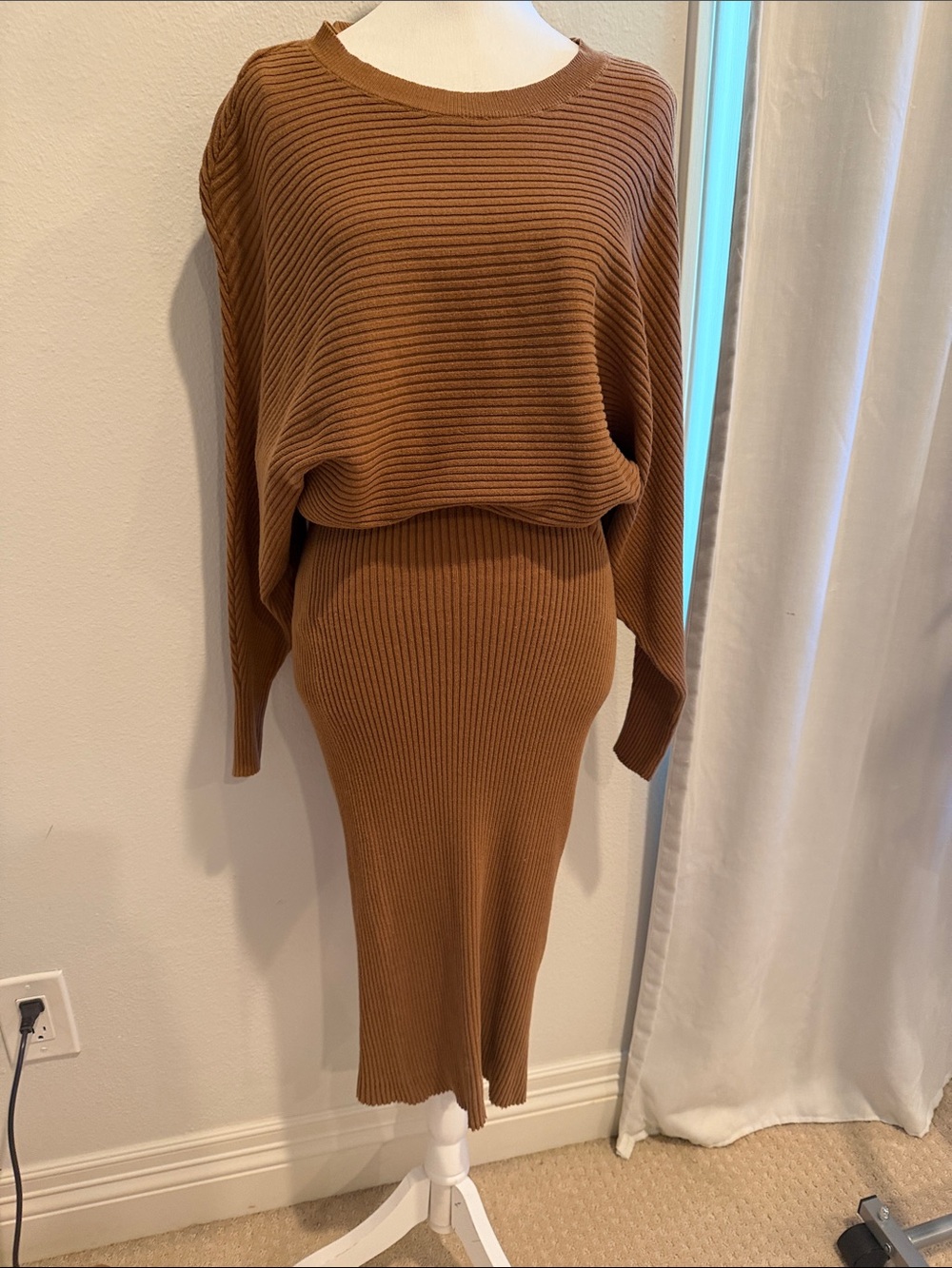 Ribbed Knit Two-Piece Dress Set in Brown